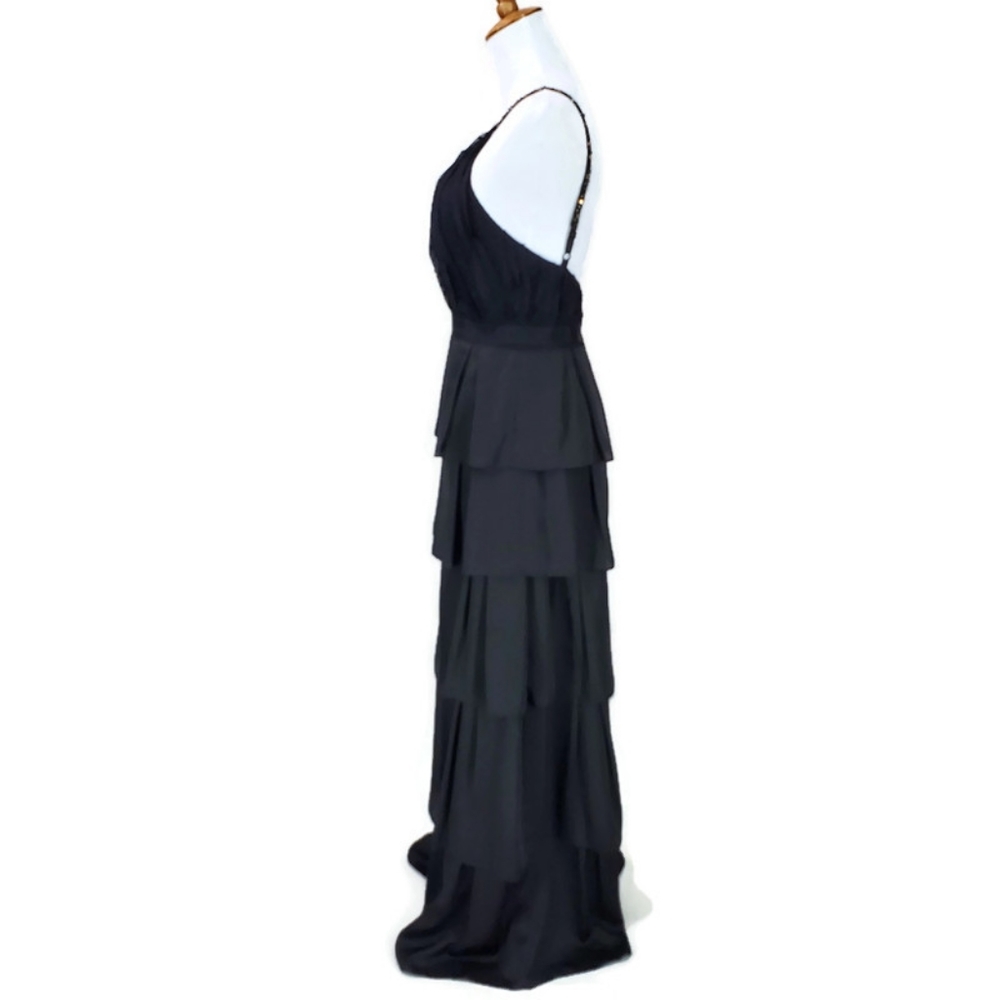 BCBG Max Azria Black Chiffon/ Tiered Ruffle Rhinestone Silk Gown Size 2 Prom - Picture 5 of 12